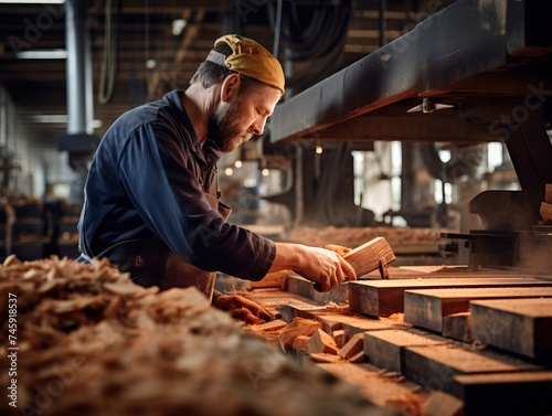 A skilled worker in protective gear is operating industrial machinery and equipment at a modern wood processing factory. The factory is filled with various wood manufacturing and processing tools. © Veronika