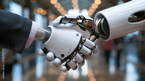 Business handshake between robot and human partner.
