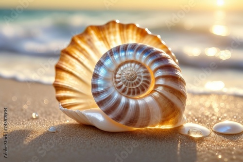 Sea shell on beach in the sunrise