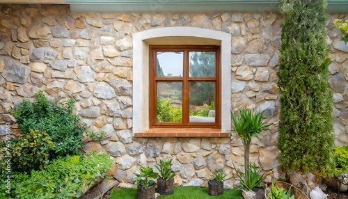 A beautiful window in the stone wall of a country house. Below: some green plants.