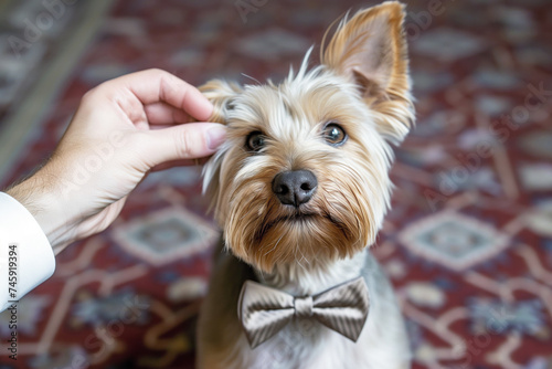 hand adjusting a bowtie on a spruced up yorkshire terrier photo