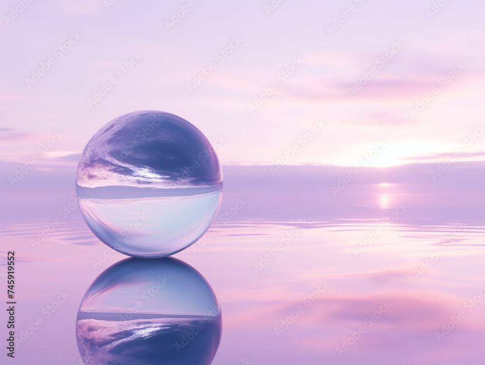 Surreal landscape of a glossy orb capture the beauty of a large lake illuminated by a soft glow of dusk's light
Surreal landscape of a glossy orb capture the beauty of a large lake illuminated by a soft glow of dusk's light