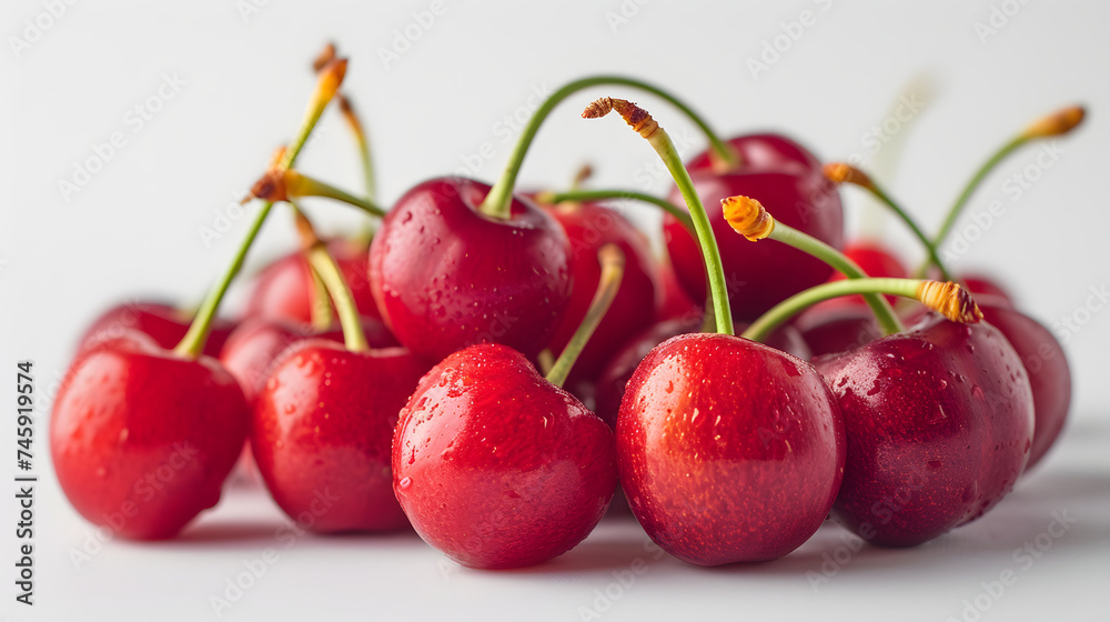 A cluster of ripe cherries with stems. A cluster of ripe cherries with stems.