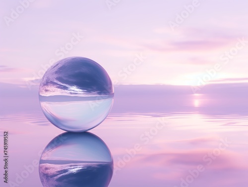 Surreal landscape of a glossy orb capture the beauty of a large lake illuminated by a soft glow of dusk s light 