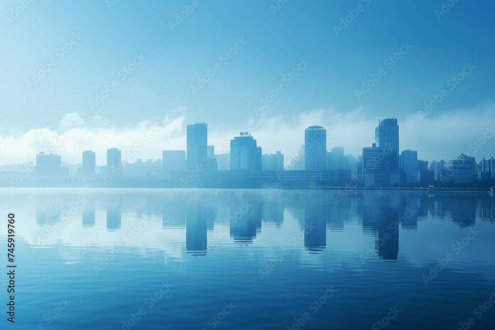 A cityscape is shown over a large lake reflecting beautiful blue sky