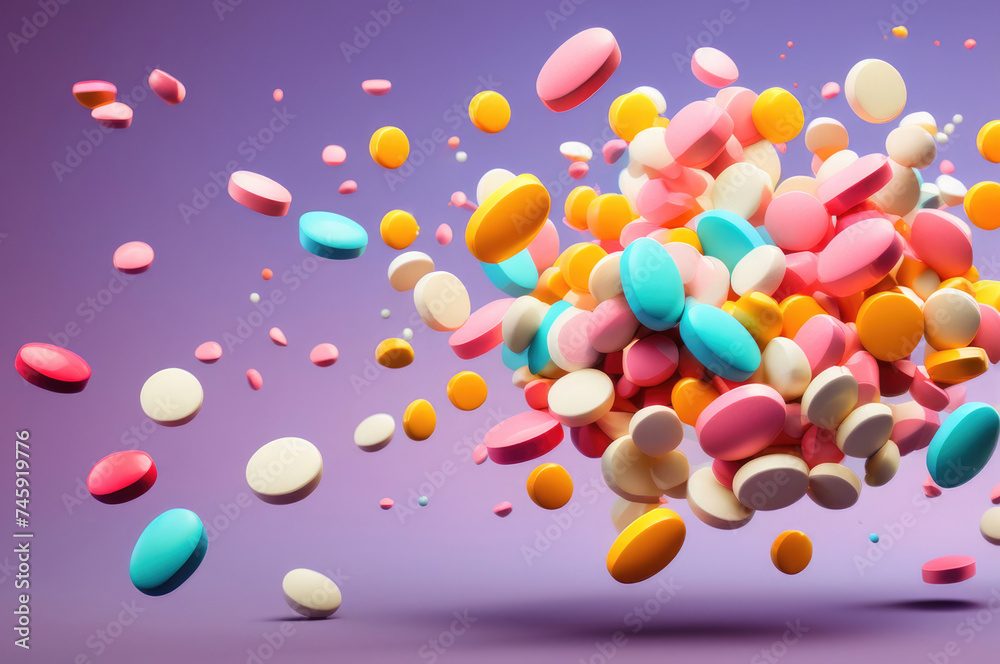 Colorful Pills and Tablets Scattered in Mid-Air on Pastel Background Colorful Pills and Tablets Scattered in Mid-Air on Pastel Background