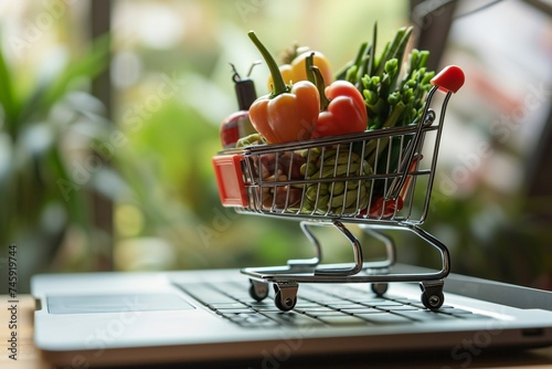 Grocery cart with vegetables on laptop keyboard, online grocery shopping concept