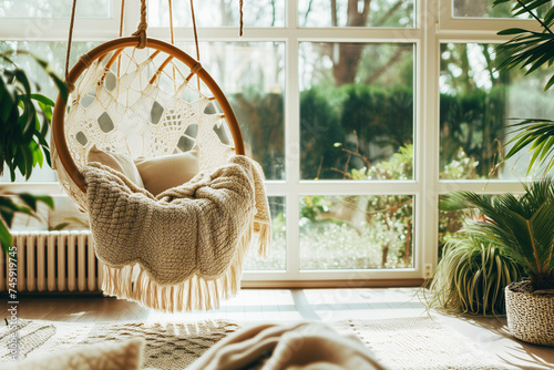 bright conservatory with hanging chair and plush throws photo