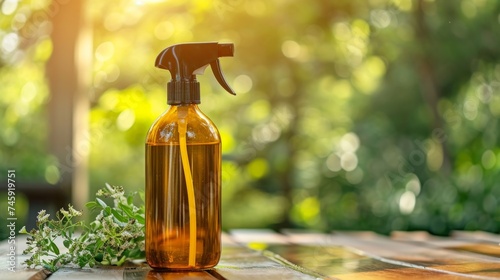 Bottle of liquid soap on wooden table with green nature background