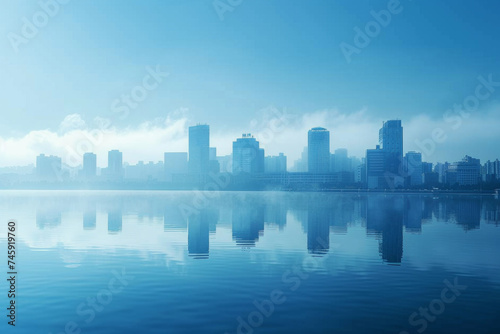 A cityscape is shown over a large lake reflecting beautiful blue sky