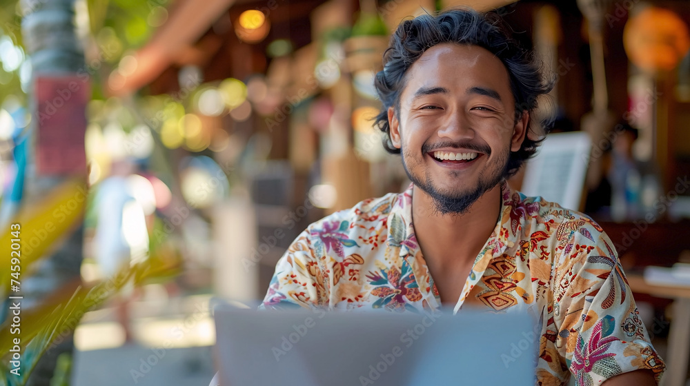 happy young hipster man with laptop sitting on desk outside in Bali cafe.