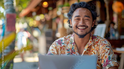 happy young hipster man with laptop sitting on desk outside in Bali cafe. © Julija