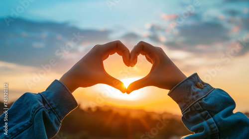 A blurred image of hands forming a heart shape towards the sky  expressing gratitude and positivity  blurred background  with copy space
