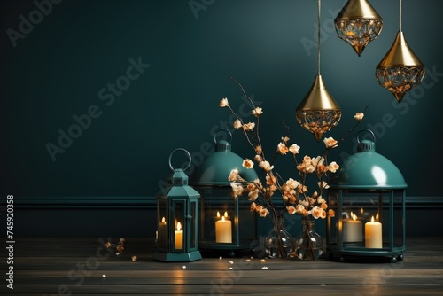 Ramadan theme decorated with glowing lanterns and crescent moon for elegant poster background professional photography