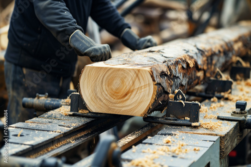 worker guiding a log onto a sawmill bed with control levers photo