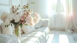 Modern white living room interior with sofa, furniture and flowers. Blurred bright living room with sofa and flowers. wide panorama, use for background. 