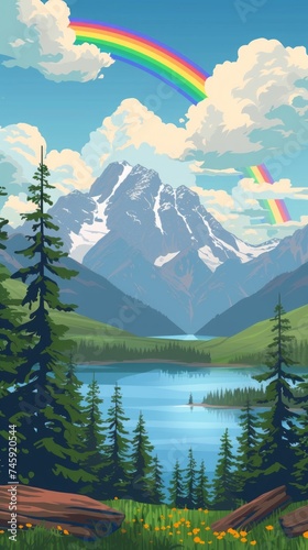 radu with lake and mountains flat illustration. photo