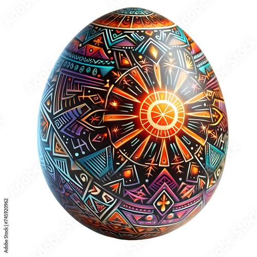 An Easter egg painted with vibrant tribal patterns and symbols, Abstract easter eggs in celebration of Happy easter on transparent background PNG