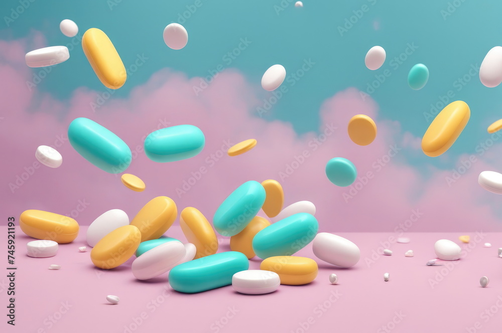 Pills and Capsules Floating on Pastel Background