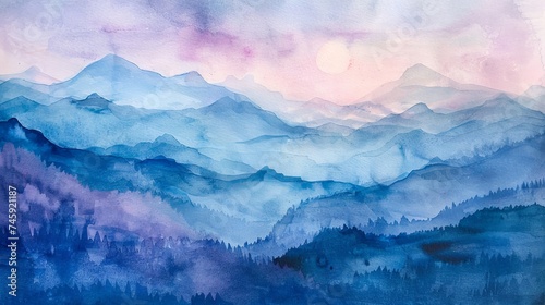 Ethereal Watercolor Landscape with Mountain Silhouettes © SpiralStone