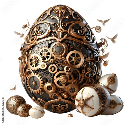 A steampunk-inspired Easter egg, with intricate gears and metallic accents, set against a backdrop of Victorian elegance on transparent background PNG