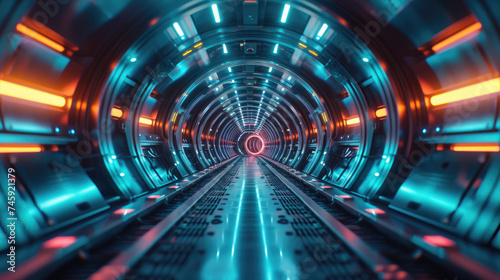 Futuristic round tunnel with metal floor and walls, abstract tech space background. Perspective of dark corridor with neon lights. Concept of technology, future, transportation