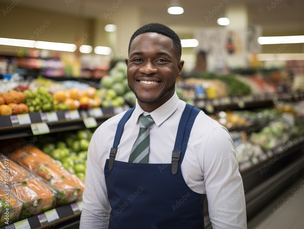 A cheerful salesman standing in a vibrant grocery store, wearing a welcoming smile as he looks directly at the camera, with neatly organized shelves of products in the background. A cheerful salesman standing in a vibrant grocery store, wearing a welcoming smile as he looks directly at the camera, with neatly organized shelves of products in the background.