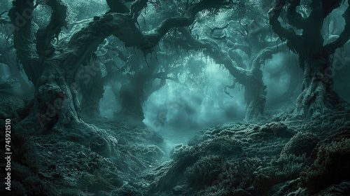 Strange dark forest background, scary crooked trees and mystic blue green light at night. Landscape of spooky fairy tale woods. Concept of fantasy, horror, nature, Halloween, mystery