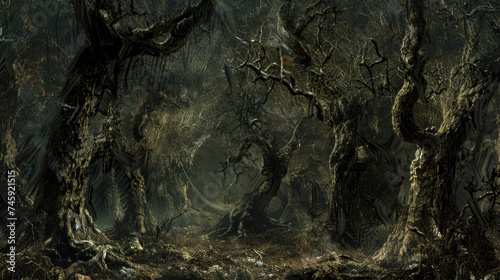 Haunted dark creepy forest, scary crooked dry trees at night. Landscape of spooky fairy tale woods. Concept of fantasy, horror, gloomy nature, Halloween, photo