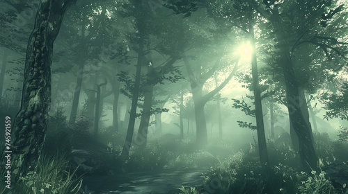 Misty Ethereal Forest Scene with Soft Green Overtones