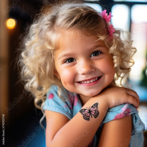 Portrait of a happy small girl with fake butterfly face tattoos. Smiling blonde tattooed kid. Smiling child with fake sticker tattoos.