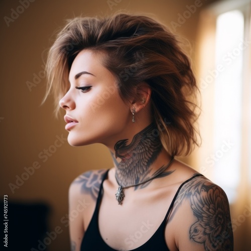 Portrait of a beautiful young girl with tattoos. Tattooed girl with stylish long hair and makeup. An attractive young woman with detailed tattoos on her body.