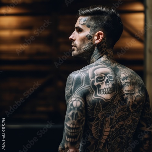 Close up of a man with a tattoo of a skull on his back. Skull tattooed on man's back on a blurred background. Studio shot of an athletic man with tattoos, closeup.