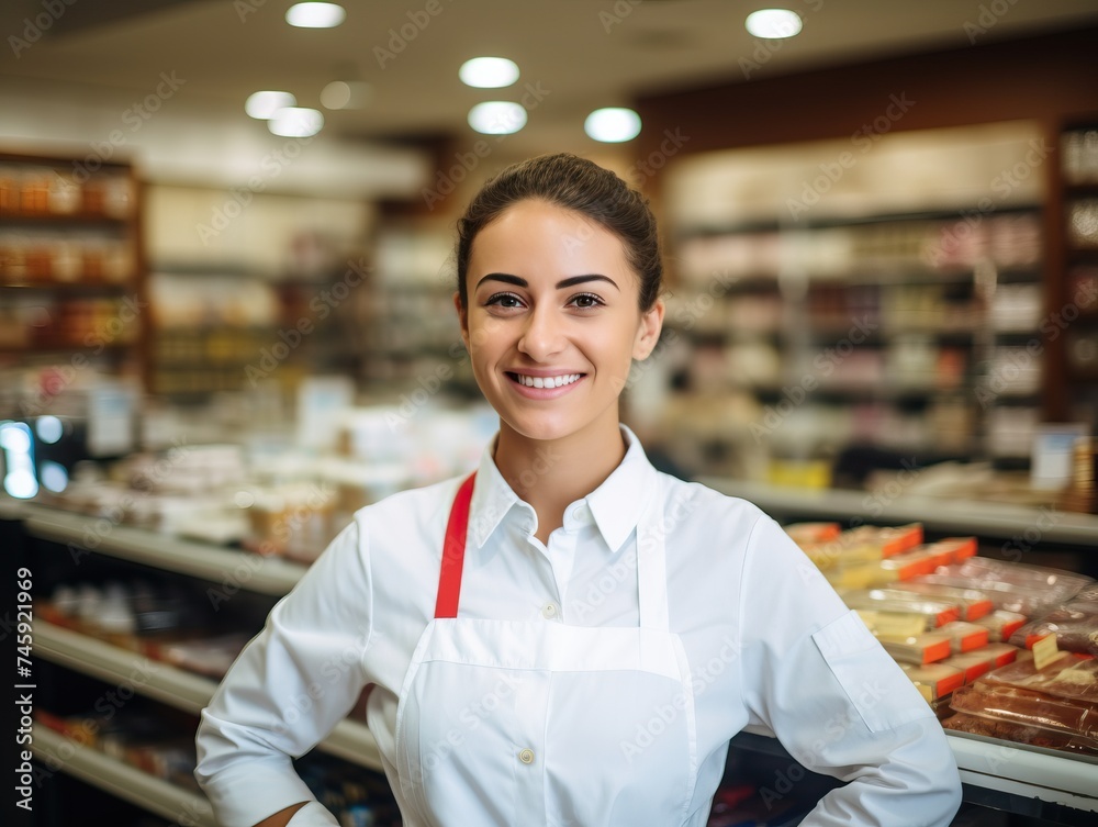 A young, cheerful saleswoman with a warm smile, engaging with the camera amidst the hustle and bustle of a well-stocked grocery store, ready to assist customers with their needs.