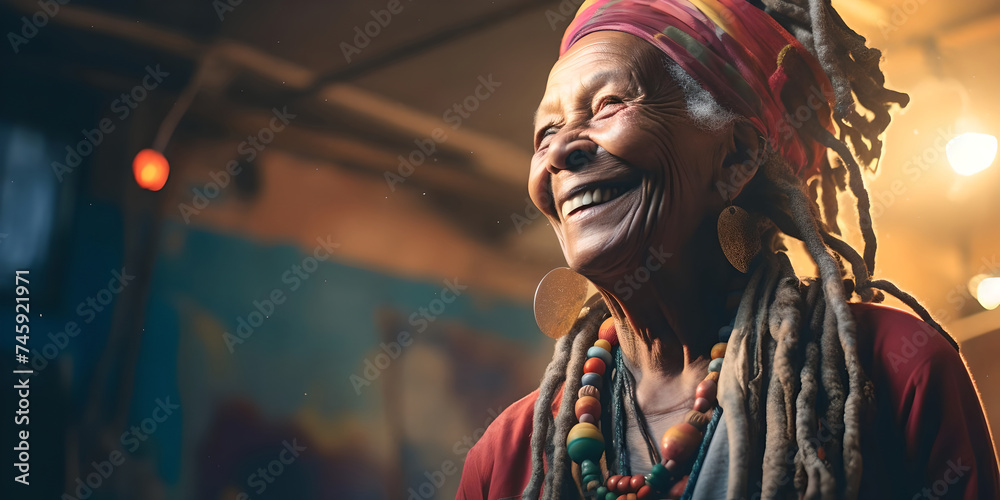Elderly Woman with Vibrant Dreadlocks Smiling with Joy in Warm Light