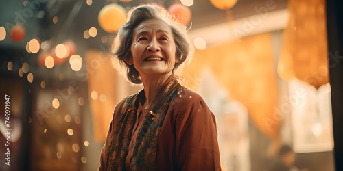 Elegant Senior Woman Smiling in a Festively Lit Street at Dusk