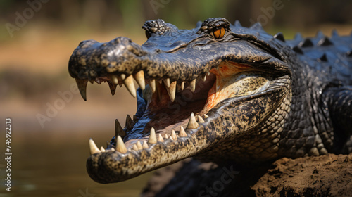 Close-up of a Black Caiman profile with open mouth.