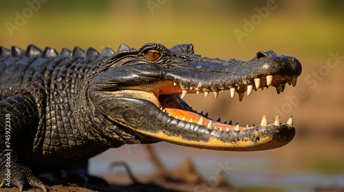 Close-up of a Black Caiman profile with open mouth. © Creative