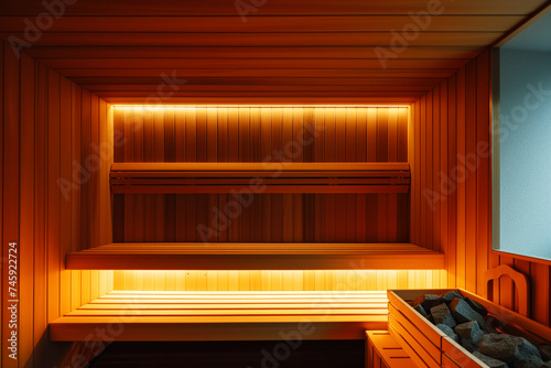 interior shot of sauna spotlighting wooden backrest