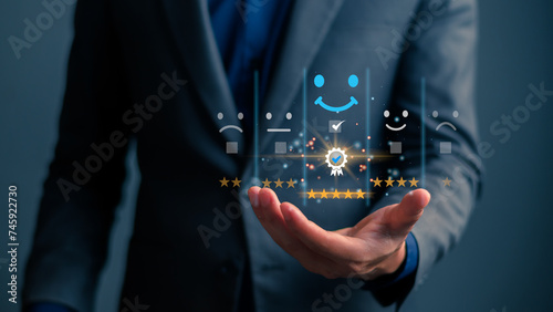 Customer services concept, Satisfaction feedback survey. Customer give rating to service experience. Quality assurance, Guarantee, Standards, ISO certification. excellent business services.