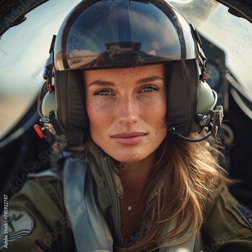 Relaxed female pilot with natural beauty in jet cockpit © Vladan