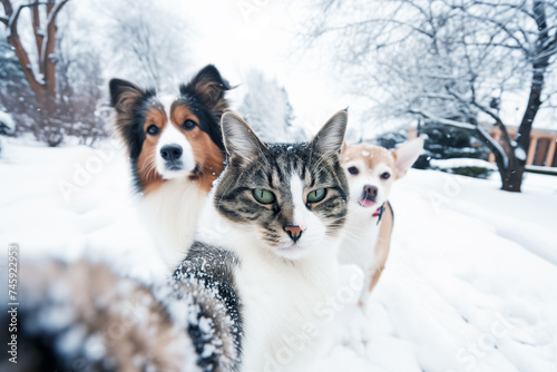 cat and dog in the snow, selfie with a wintery background