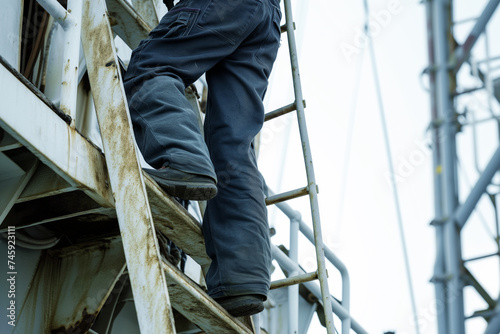 mechanic in overalls climbing ship ladder