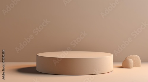 Minimalistic Beige Round Podium for branding, promotion, presentation of Cosmetics, product. Stage, Interior with Light and Shadow, Vertical Mockup, Pedestal, Advertising Showcase with copy space.