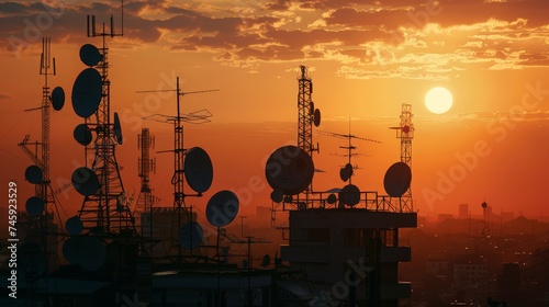 The golden sun dips below the horizon, casting a warm glow over antenna-laden buildings photo