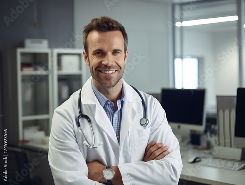 A professional male doctor in his office  wearing a white coat  smiling at the camera during a consultation with a patient. The doctor exudes confidence and compassion.