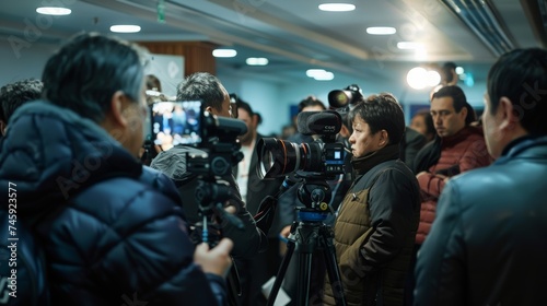 A focused cameraman at work during a press briefing, surrounded by reporters and media personnel photo