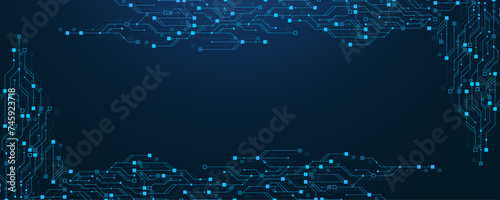 Quantum computer technologies concept. Futuristic blue circuit board background vector. Modern technology circuit board texture background design. Waves flow. Quantum explosion technology.