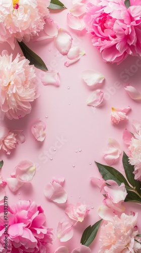 background of peonies and petals with place for text.