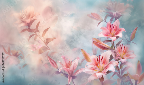  floral wallpaper with pink lily flowers on watercolor background with copy space